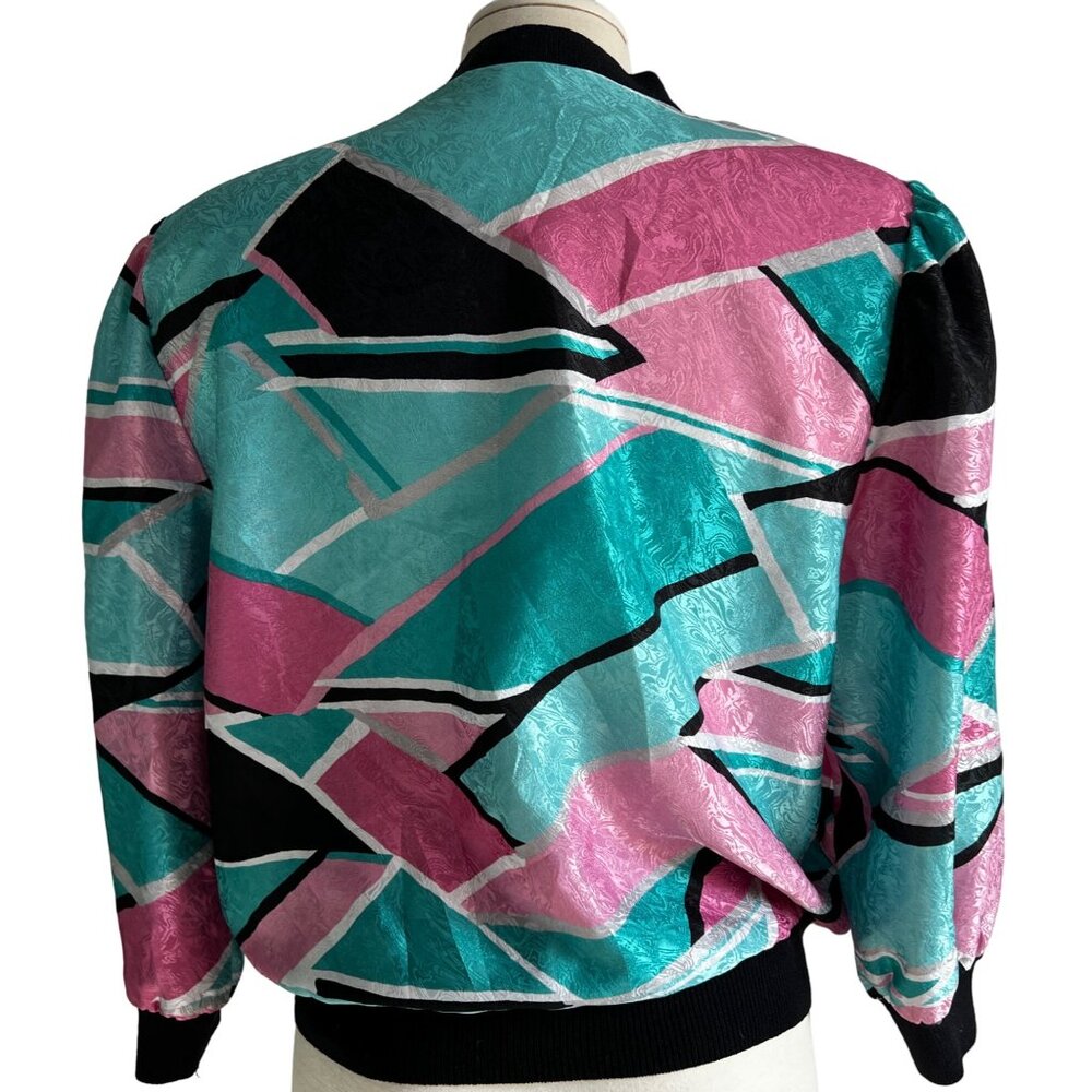 Vintage Anastasia Silky Bright VNeck Blouse Sz Medium Petite Colorful Pink & Bla - Picture 13 of 14